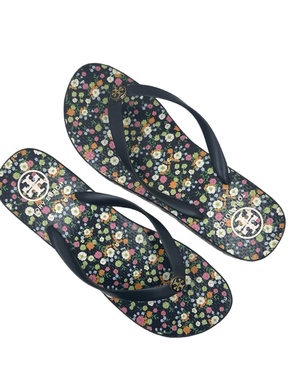 Tory Burch Black Floral Logo Flip Flops size 11